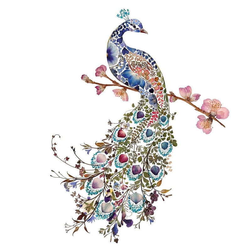 A peacock made of leaves and flowers by Helen Ahpuransiri; Photo source: Helenahpornsiri.com website