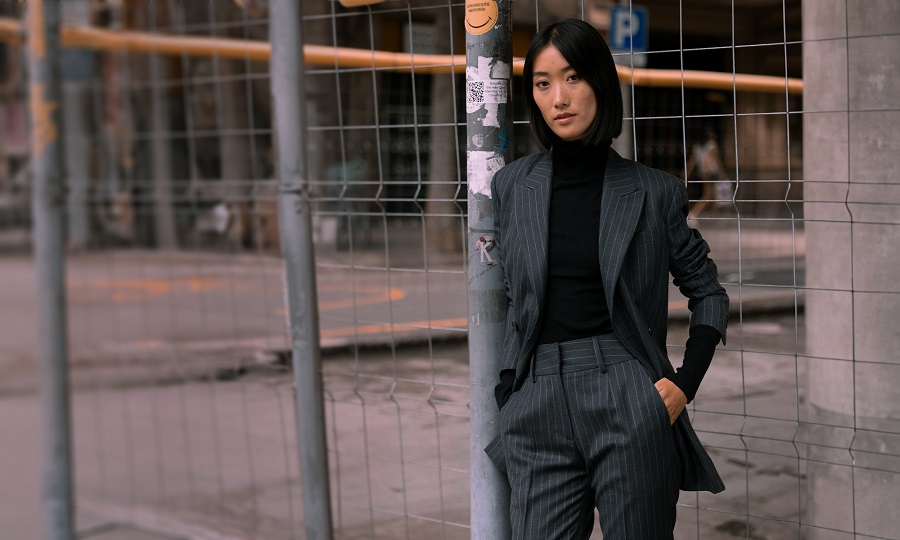 An example of a female power suit
