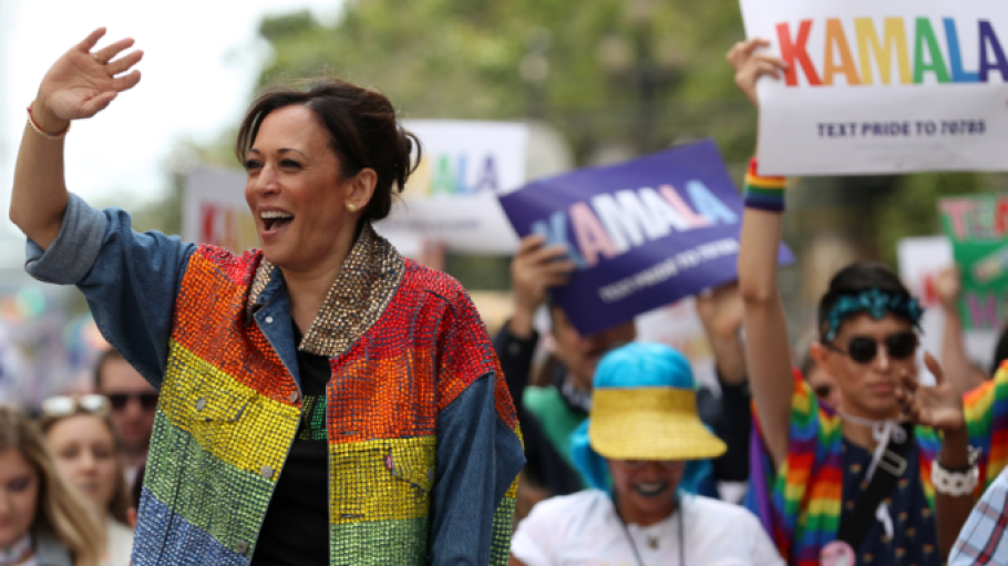 Kamla Harris in a colorful jacket and jeans in the Pride Moh campaign