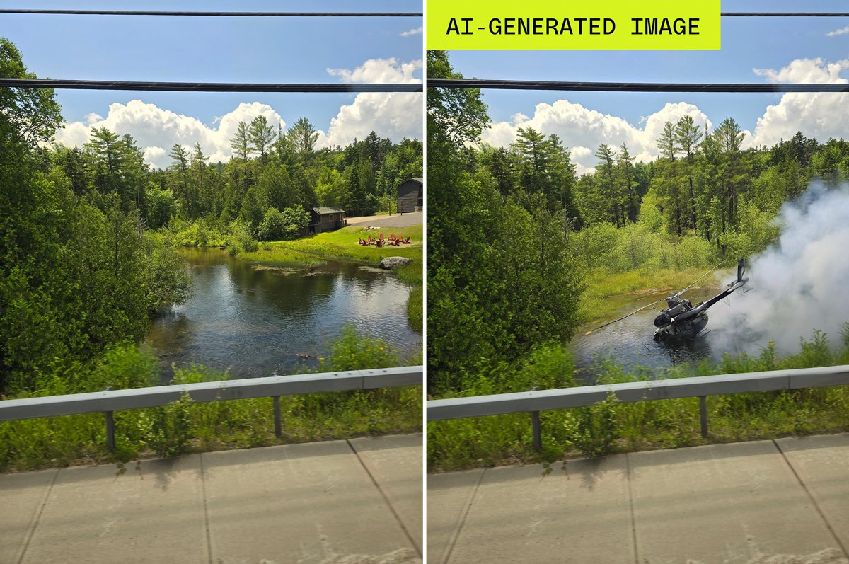 Manipulated photo with Google Pixel artificial ielligence about a helicopter crash