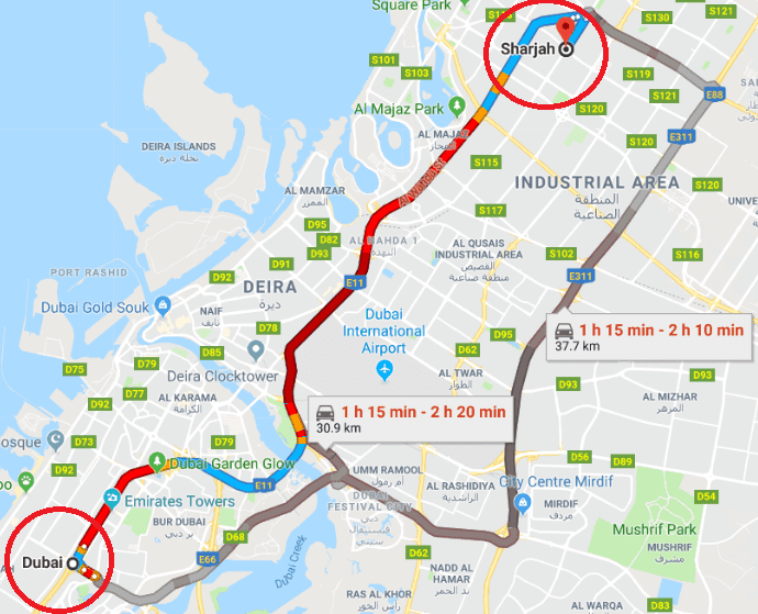 Distance from Sharjah to Dubai on the map