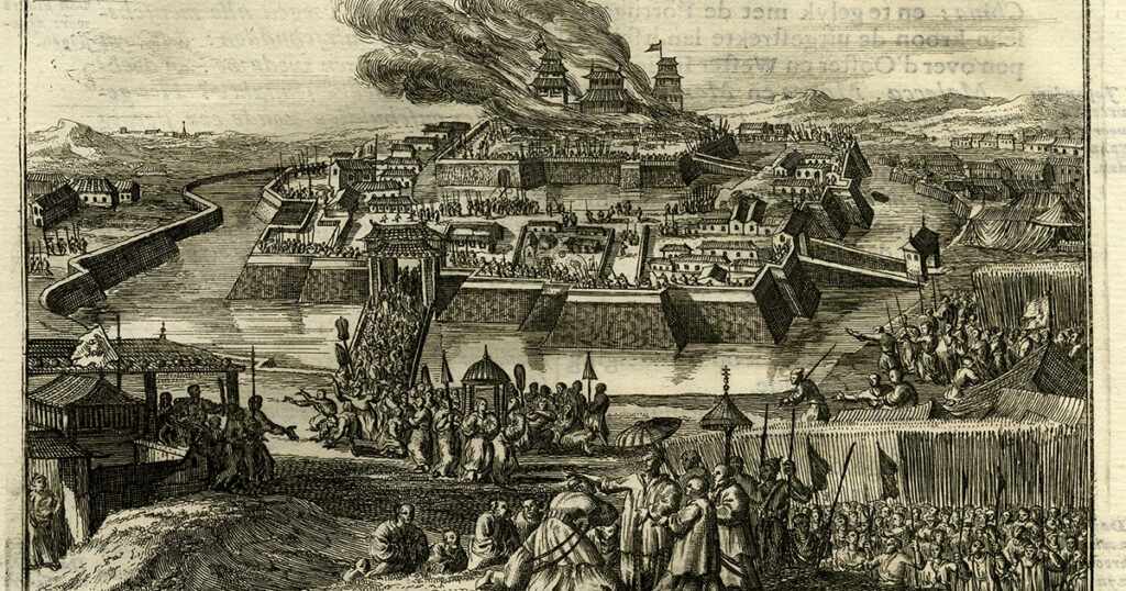 An old photo of the construction of Osaka Castle in dista times 