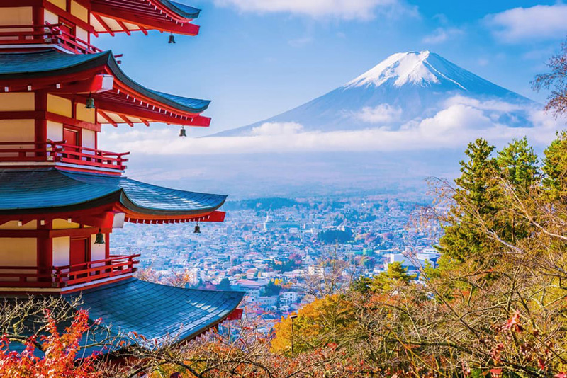 Japanese architecture and Mou Fuji. Photo from wanderluststorytellers website