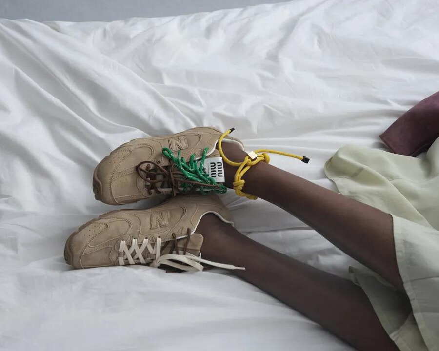 Re-creation of shoes model 530 of New Balance brand in Spring 2024 collection of Miu Miu brand