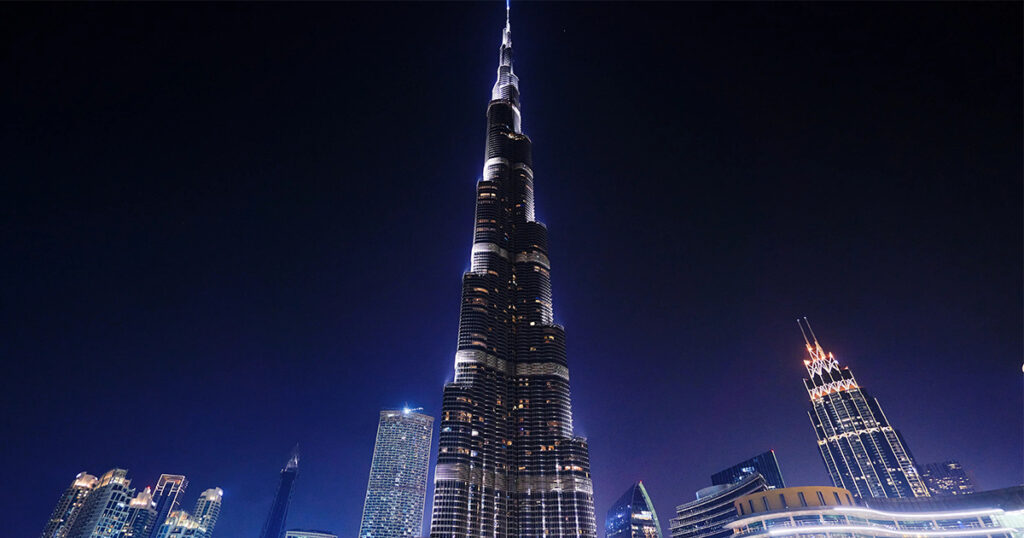 A picture of Burj Khalifa, one of Dubai's attractions at night 