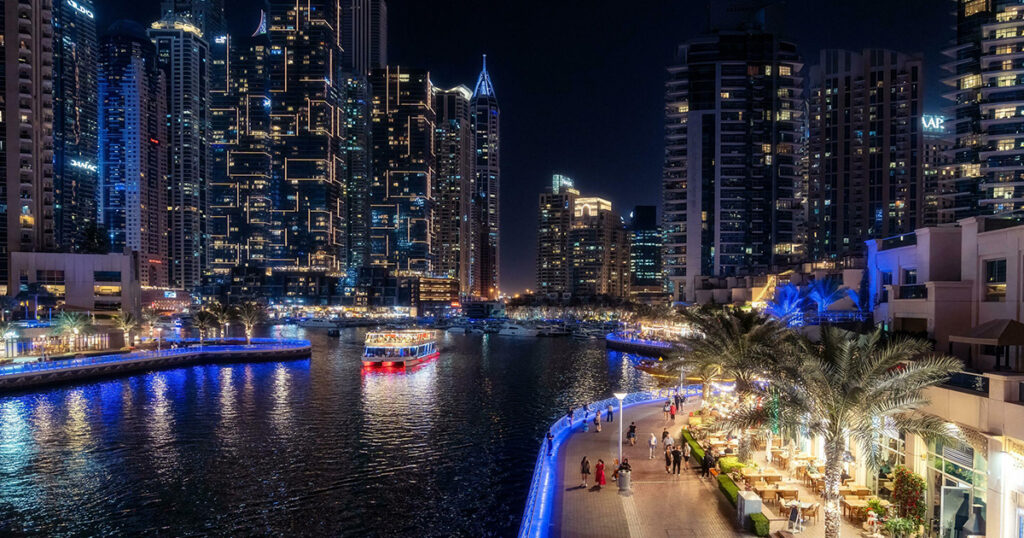 A picture of Dubai Marina, one of Dubai's attractions at night 