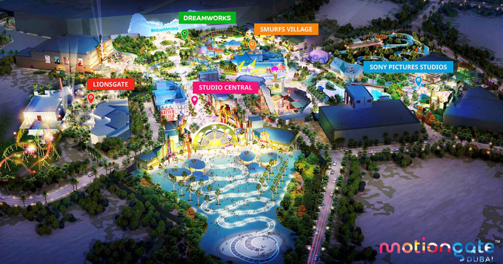 MOTIONGATE theme park, one of Dubai's eertainme at night 