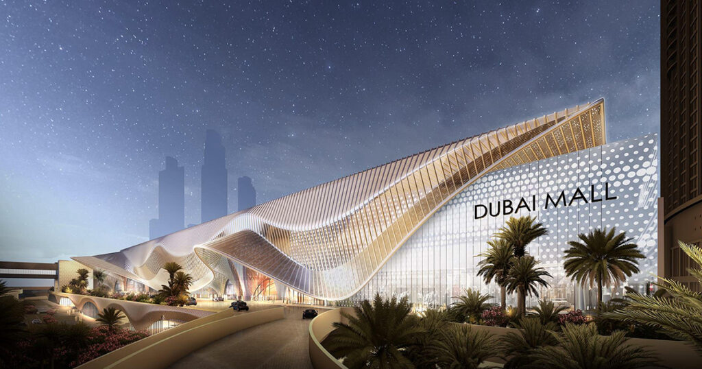 A picture of the Dubai Mall, one of Dubai's attractions at night 