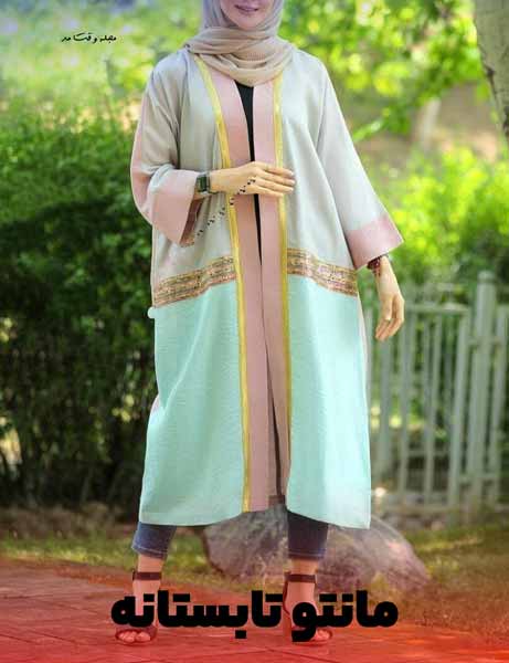 Open fro long cotton coat model, green and blue summer