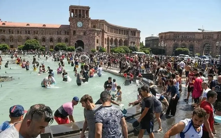 A large crowd of Yerevan people for the celebration of Armenia's water sprinkling