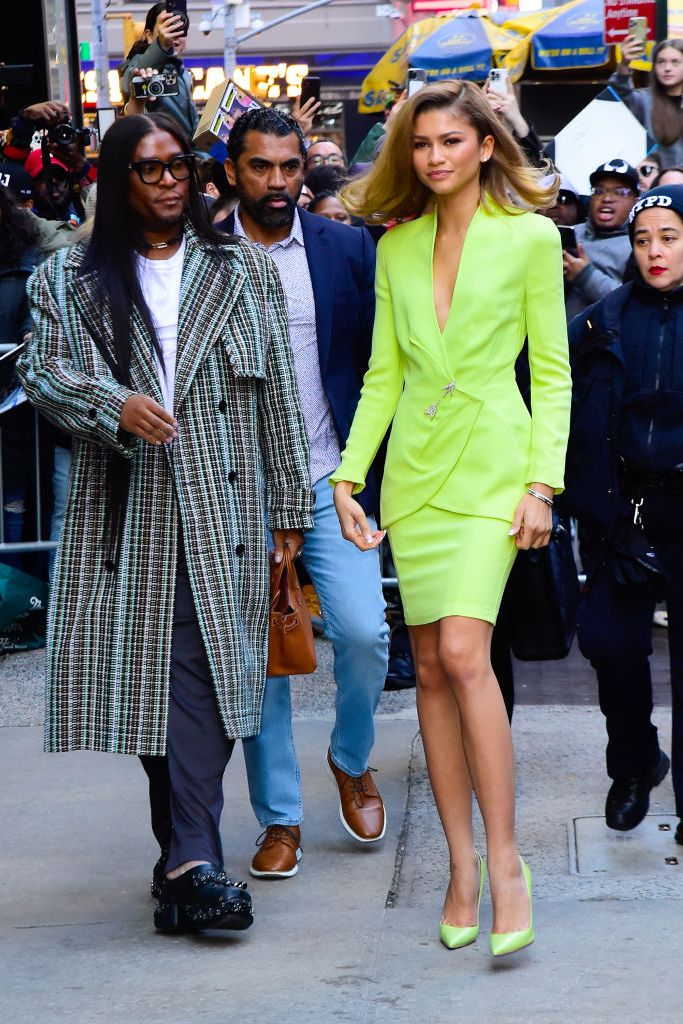 Zendaya wearing tennis ball green monochrome outfits