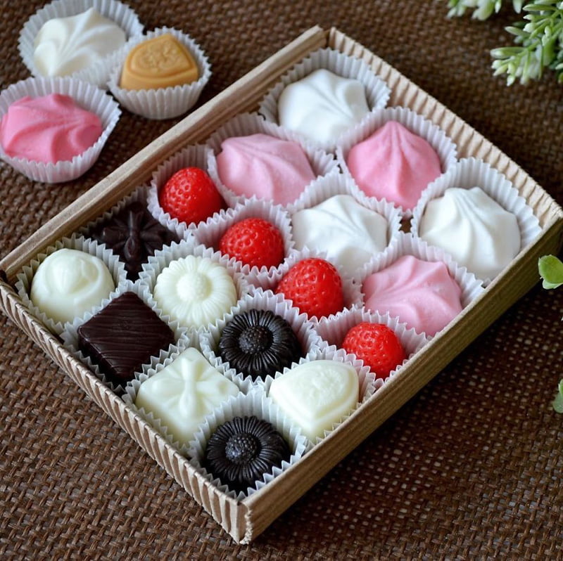 Soaps in the shape of colorful chocolate boxes