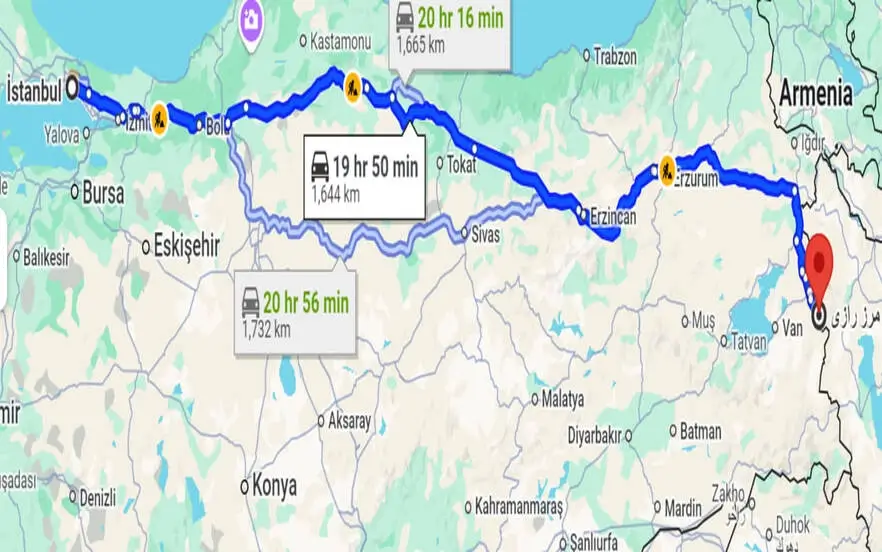 Razi border route to Istanbul