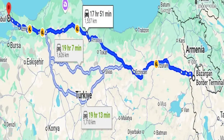 Bazargan border route to Istanbul