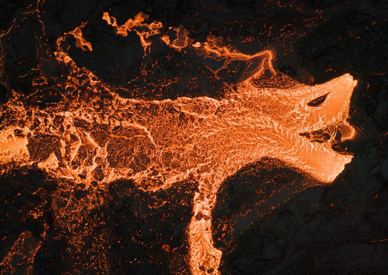 Volcanic lava in the shape of a dragon in a volcanic eruption in Iceland