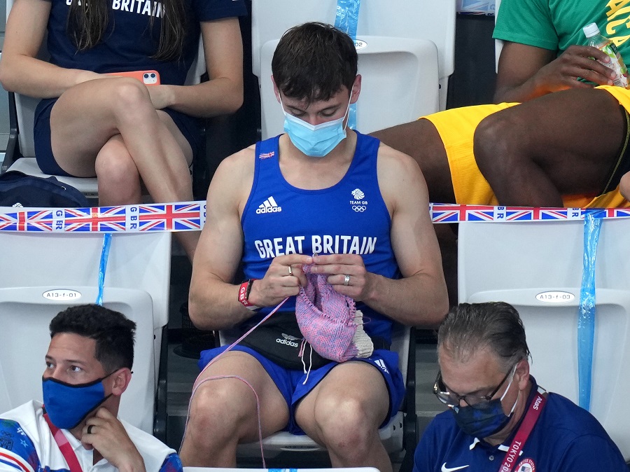 Diving champion Tom Daley doing the knitting at the 2020 Olympics