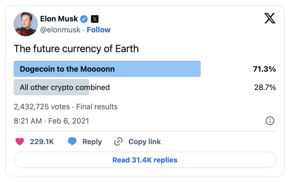 Elon Musk's tweet about supporting Dogecoin in 2021