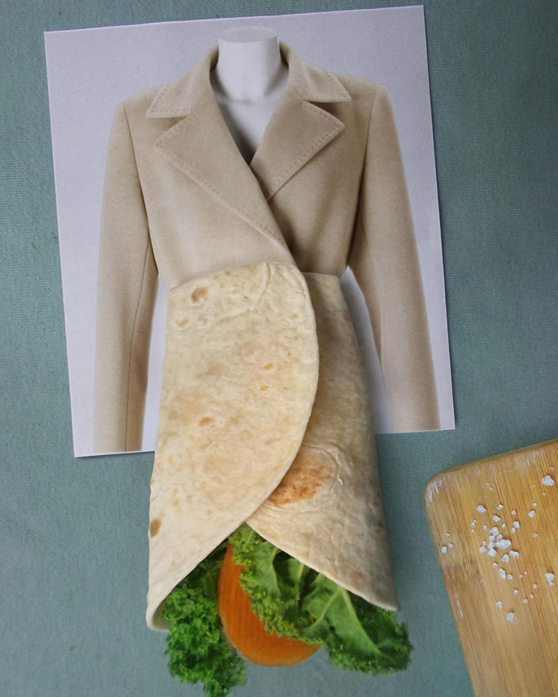 A combined photo of a jacket and a bite of a sandwich 