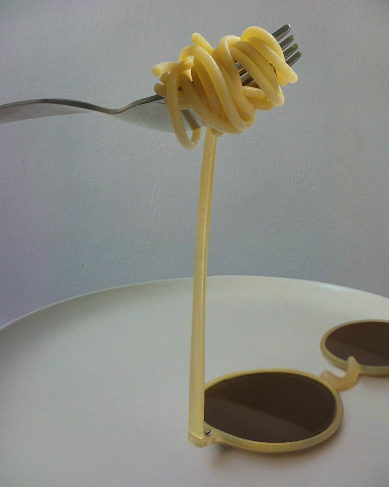 Combination of glasses handle with pasta in the photo
