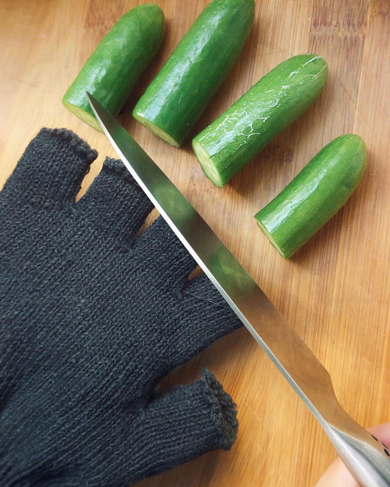 Combination photo of cucumber and gloves 
