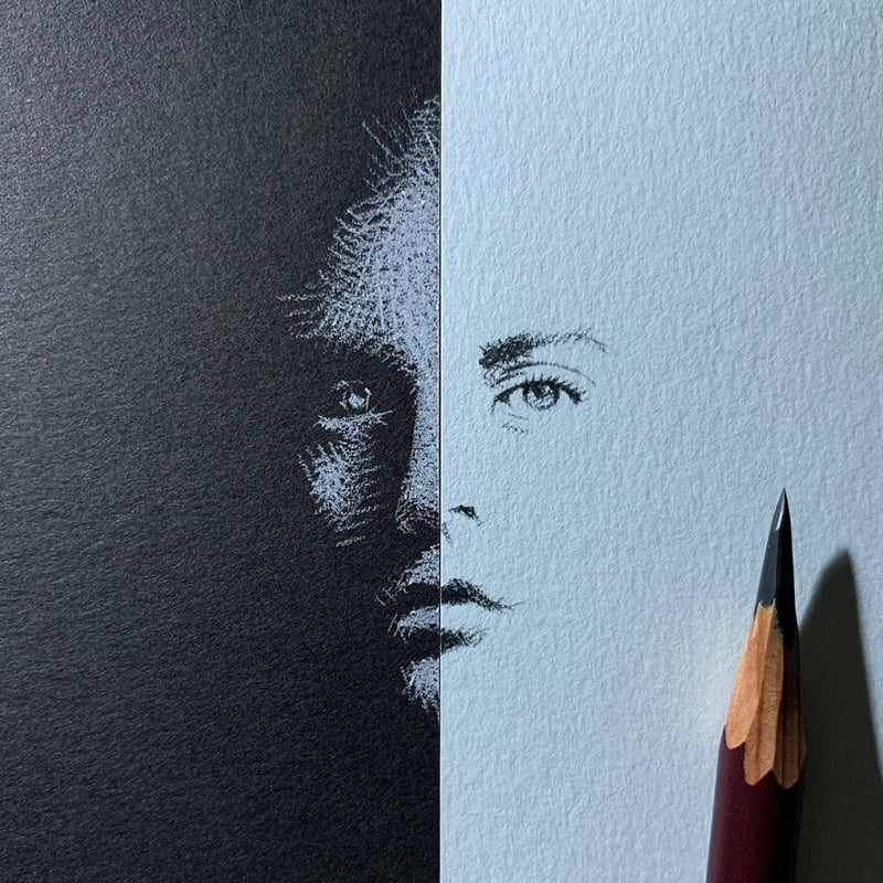 Black and white drawing with white pencil