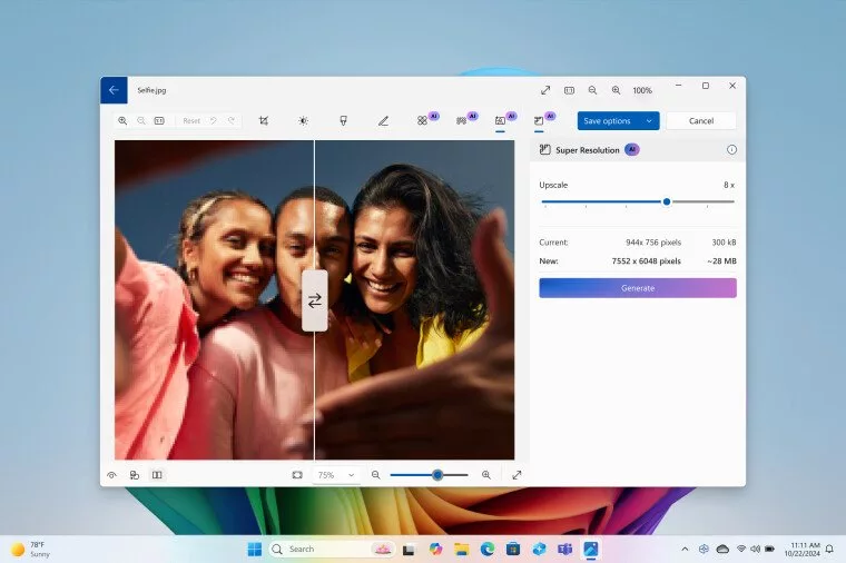 The ability to improve the quality of images in the Photos program in Windows 11