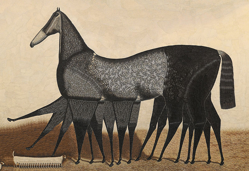A paper horse with several legs made by Lola Dupere
