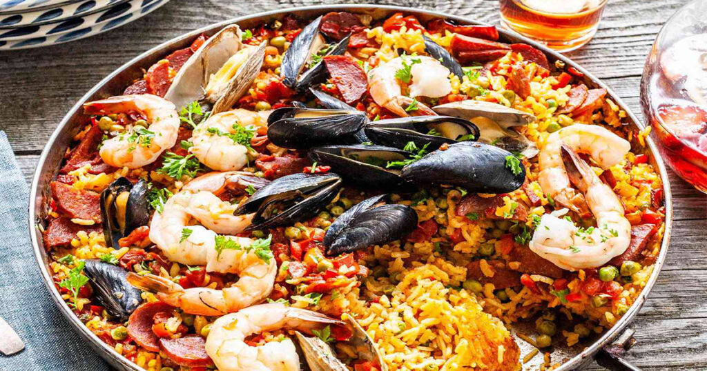A picture of paella, a Spanish seafood dish