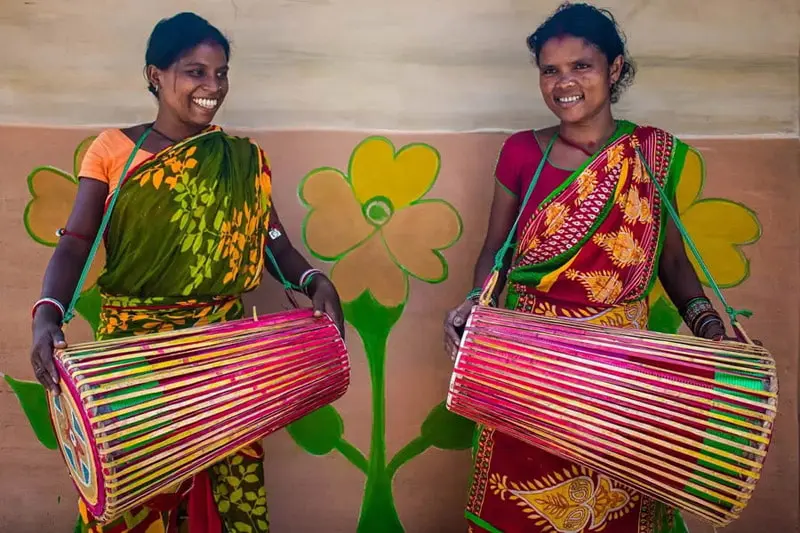Two Indian women musicians with native instrumes