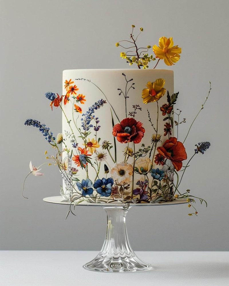 Creamy cake decorated with Iranian wild flowers