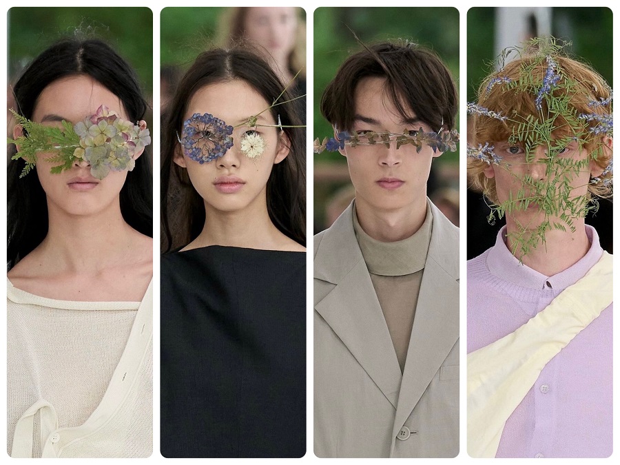 Issey Miyake's use of dried flowers as a facial accessory