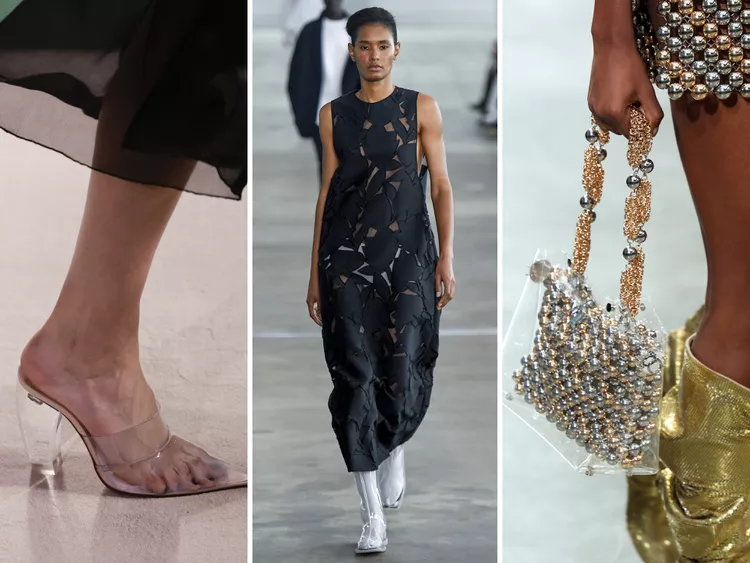 Transpare accessories of Victoria Beckham, Tibi, Rabanne brands (from left to right)