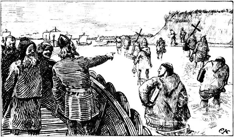 Black and white paiing of the arrival of Christian priests in Denmark