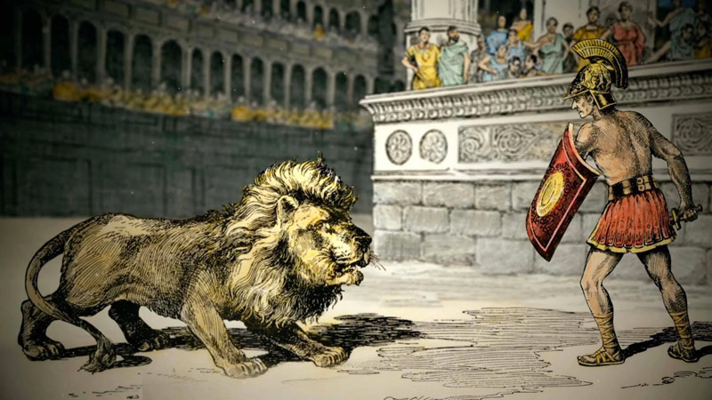 paiing of gladiator fight with lion; Photo Source: Drive Thru History, Photographer: Unknown