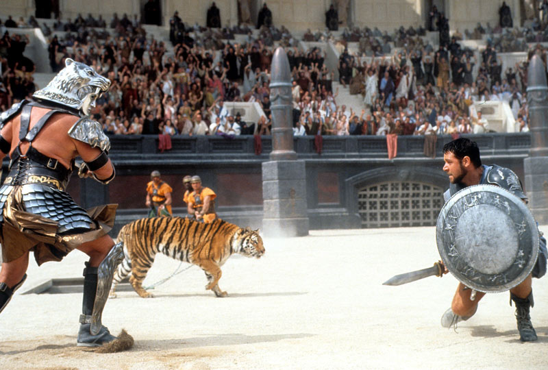 The scene of Russell Crowe's battle with the tiger in the movie Gladiator; Photo Source: Esquire, Photographer: Unknown 