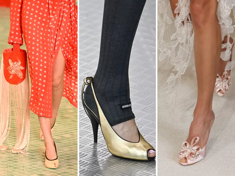 Tory Burch, Miu Miu, Giambattista Valli brand peep-toe shoes (from left to right)