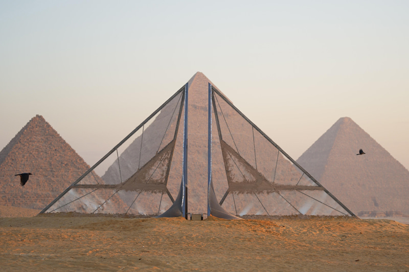 Artwork by Nassia Inglessis next to the Egyptian pyramids 
