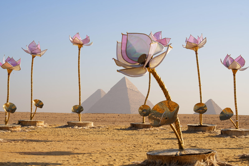 Shilo Shiv Suleman's artwork next to the Egyptian pyramids