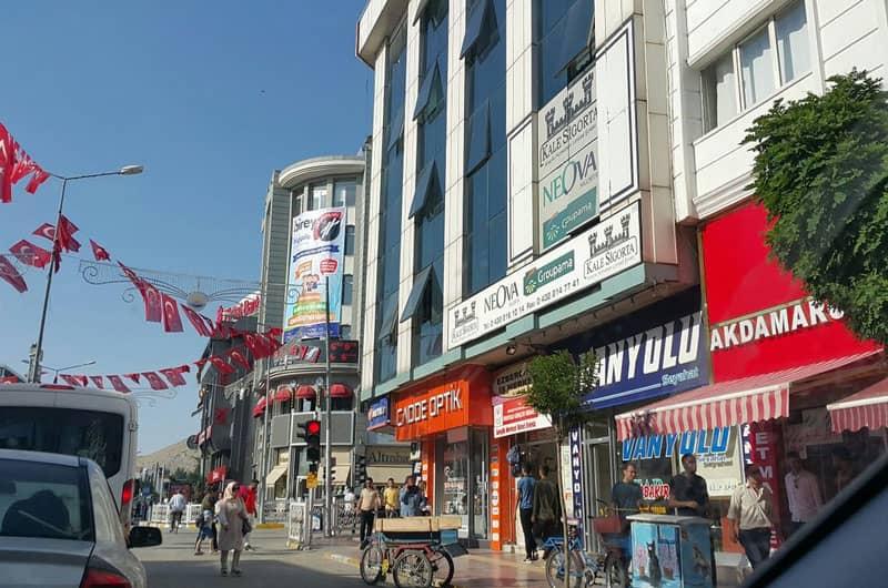 Shops and shopping ceers on Cumhuriyet street, Van city