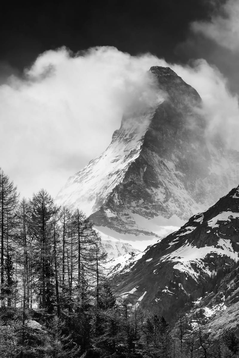 Black and white photo of mouain landscape