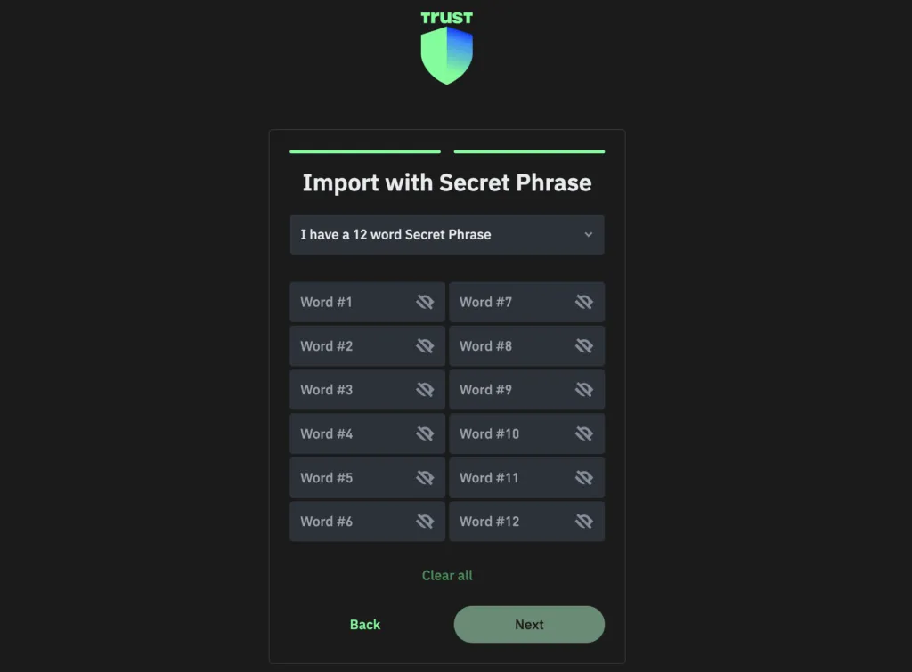 Typing trustwallet words for recovery in chrome extension