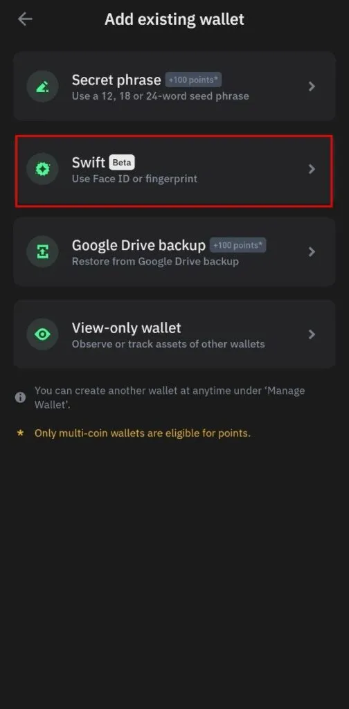 Restoring trust wallet with swift method