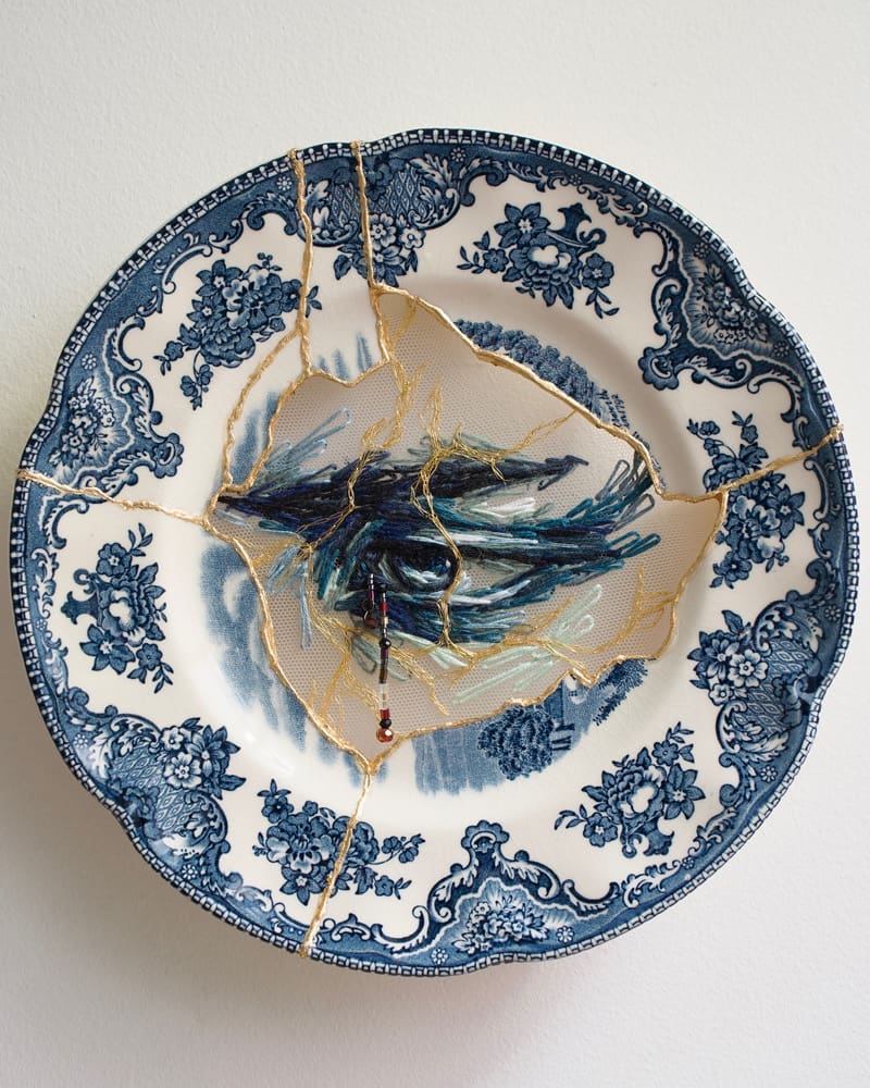Blue eye design on blue porcelain plate 