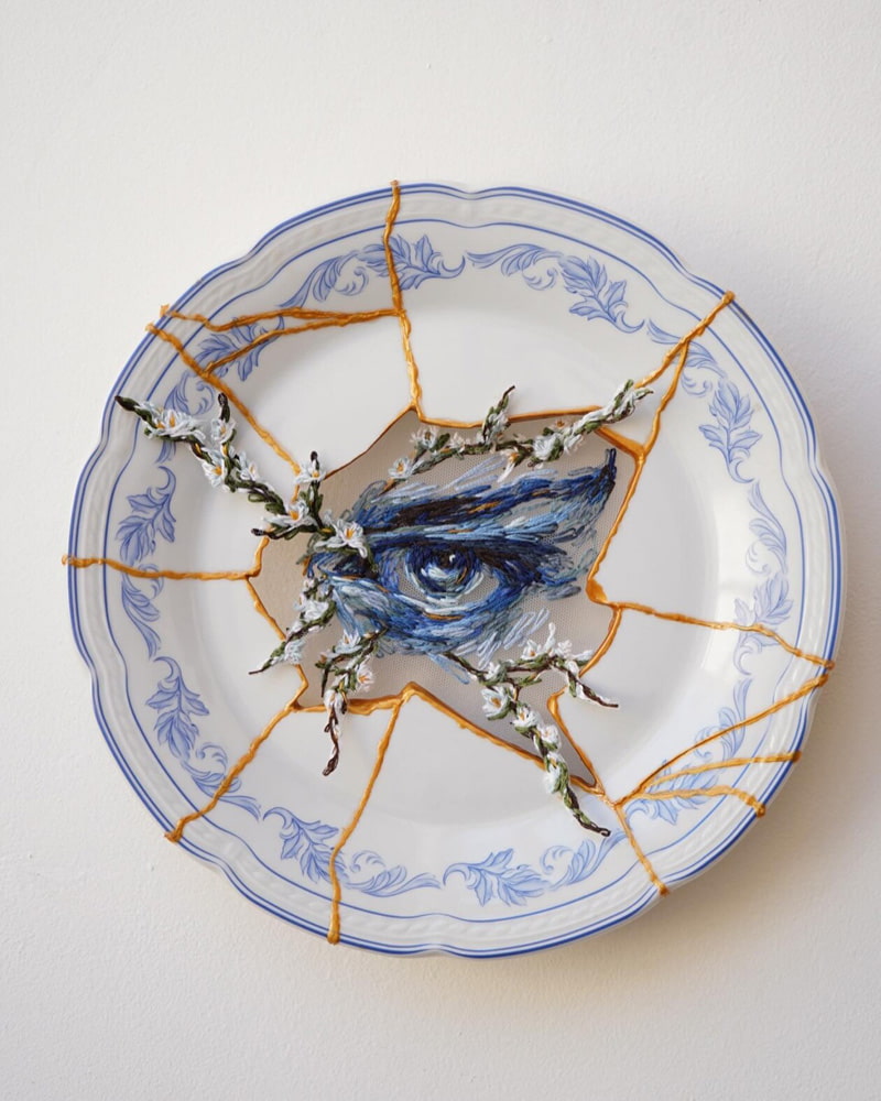 Blue eye design on a porcelain plate