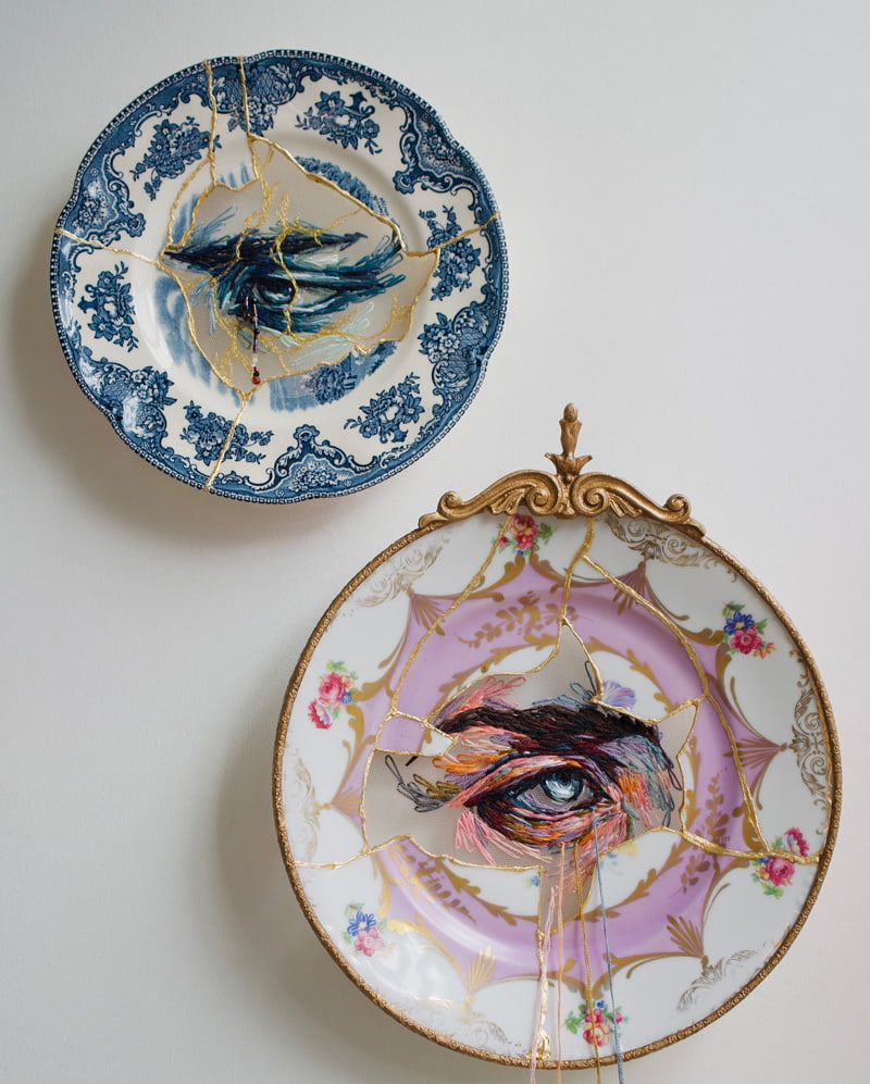 Two porcelain plates with eye designs