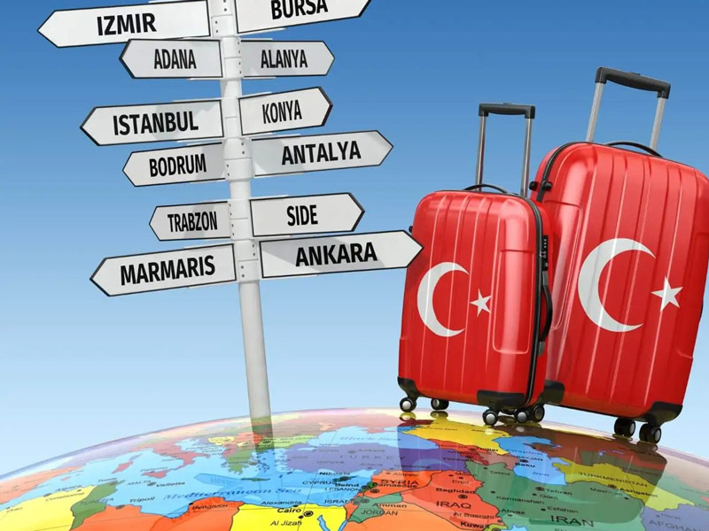 Suitcases with the Turkish flag on the globe along with signs with the names of Turkish cities; Photo Source: MGC Legal, Photographer: Unknown