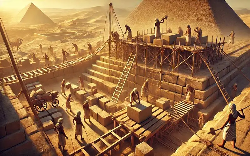 The construction of the Egyptian pyramid by workers; Source: openai; Creator: artificial ielligence