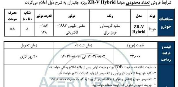 Terms of sale of Honda ZR-V Hybrid