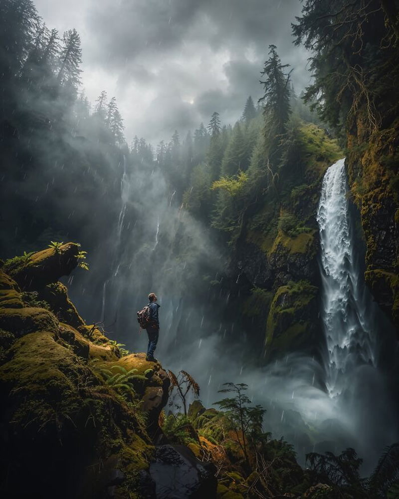 Image made by artificial ielligence of a forest waterfall