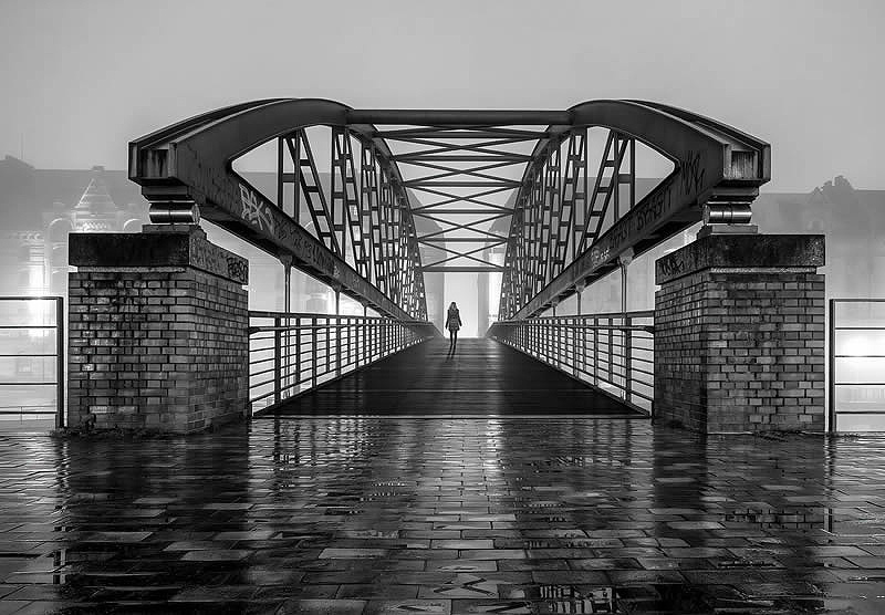 Metal bridge with geometric architecture in Hamburg